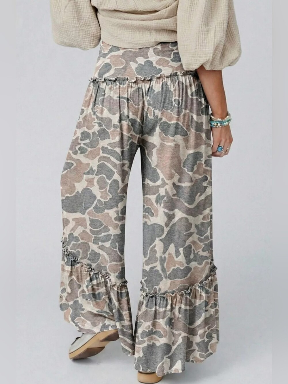 Wide Leg Ruffle Hem Pants in Beige & Gray Camo Multiple Sizes - Picture 2 of 3